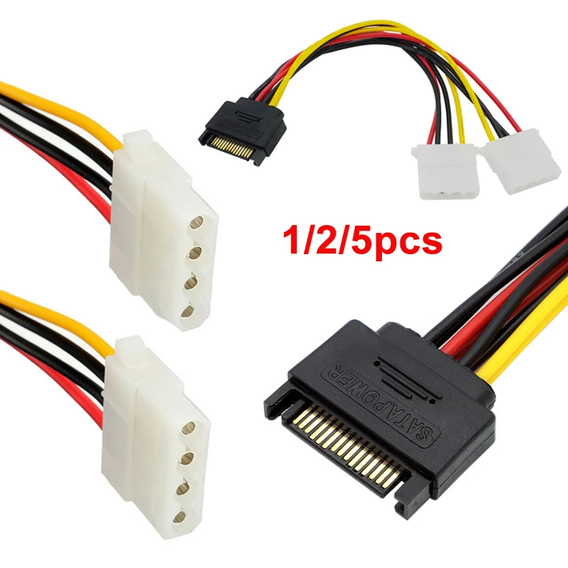 1/2/5pcs SATA 15pin Male To IDE Dual 4Pin Molex Female Serial ATA Hard Driver Power Cable  Y Splitter Extension Cord Connector