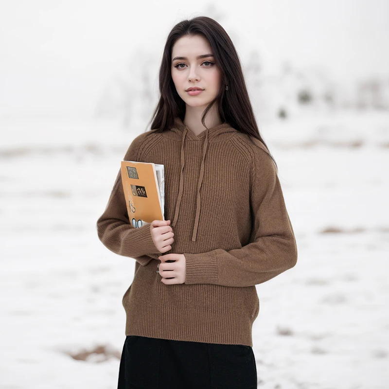 

Loose Casual Women's Knitted Wool Sweater Faionable All-Match Hooded Camere Pullover Autumn Winter Ele Home Clothes