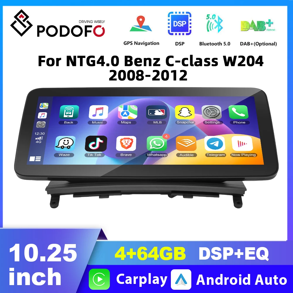 Podofo Carplay Android Car Radio For Benz NTG4.0 C-class W204  2008-2012 Car Intelligent System Automotive Navigation GPS DSP