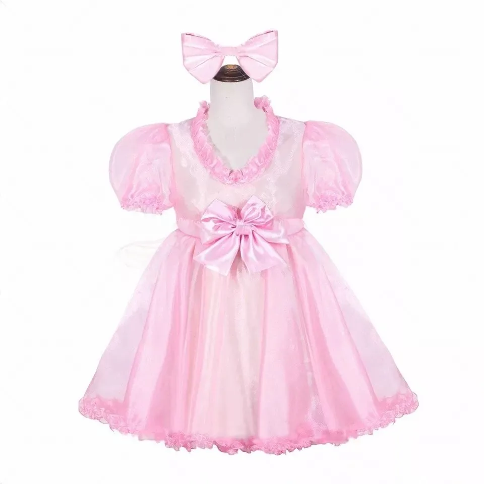 Sexy sissy bebé niña con cerradura satén rosa transparente falda de encaje dobladillo vestido de sirvienta cosplay fiesta de Halloween personalizado