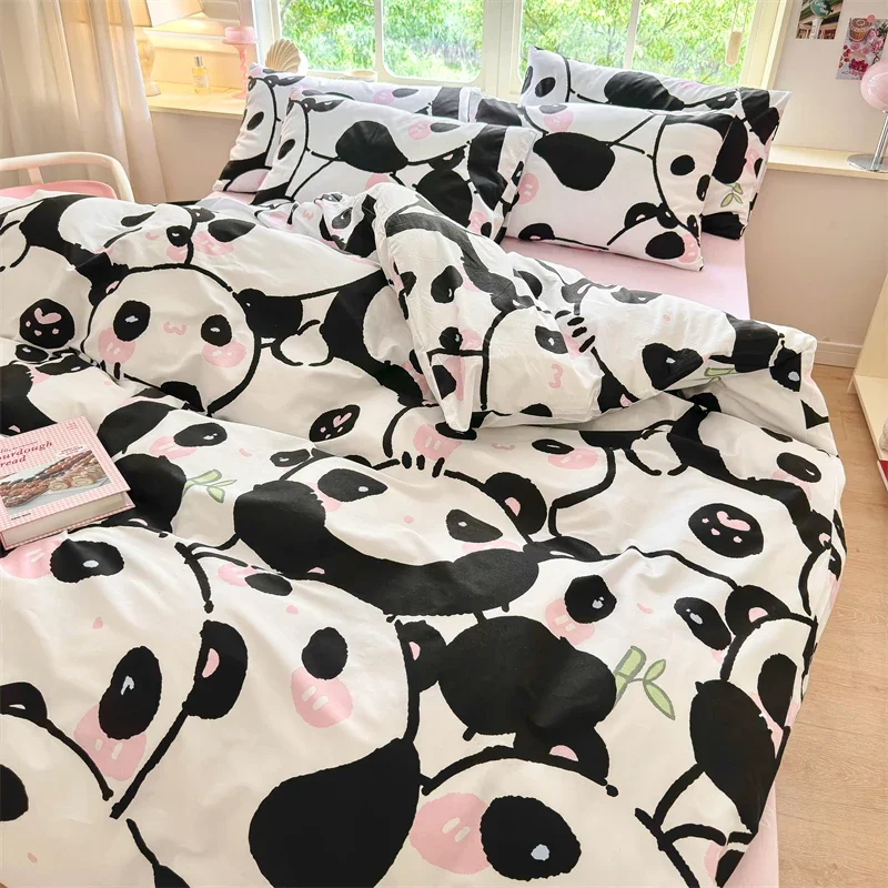 Kids Panda Duvet Cover for Boys Girls Kawaii Cartoon Panda Bedding Set 100% Cotton Reversible Comforter Cover with 2 Pillowcase