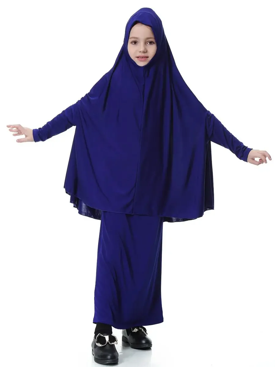 Muslim Children Girls Prayer Dress 2 Pieces Hijab Abaya Ramadan Sets Arab Kids Robe Skirt Robe Islam Party Gown Khimar Jalabiya 4
