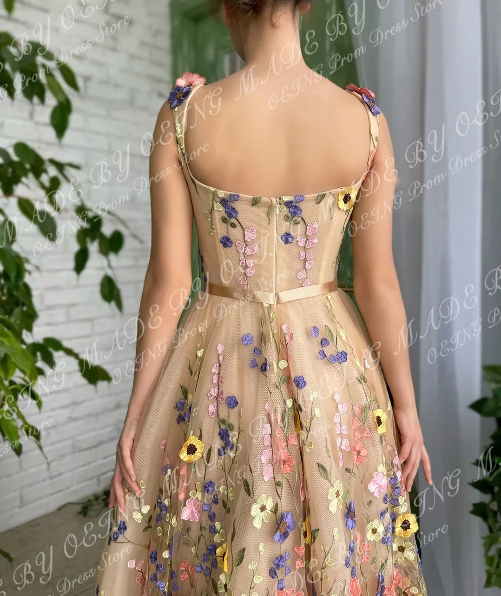 OEING-Vestidos de baile com flores 3D, vestido de tule, fada, gola querida, comprimento do chão, vestido para ocasiões formais