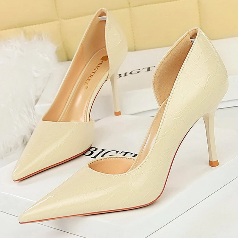 BIGTREE Shoes Women 8 Cm Heels Patent Leather Design Women Pumps Pointed Side Hollow Retro High Heels Stilettos Party Shoes 43