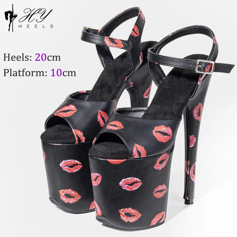 New 20CM/8inches Sexy Red Lip Print Pattern Exotic High Heel Platform Pole Dance Shoes Ladies Party Sandals