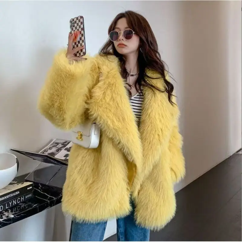 Yellow Faux Fur Coat for Women 2026 American Style Lapel Fluffy Plush Jacket High Street Loose Warm Winter Fashion Outerwear