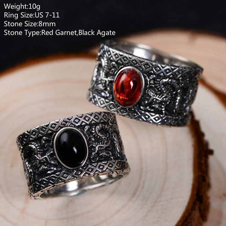 Guananteed S925 Sterling Silver Ring Vintage Garnet Black Agate Double Dragon Play Bead Wide Ring Wholesale