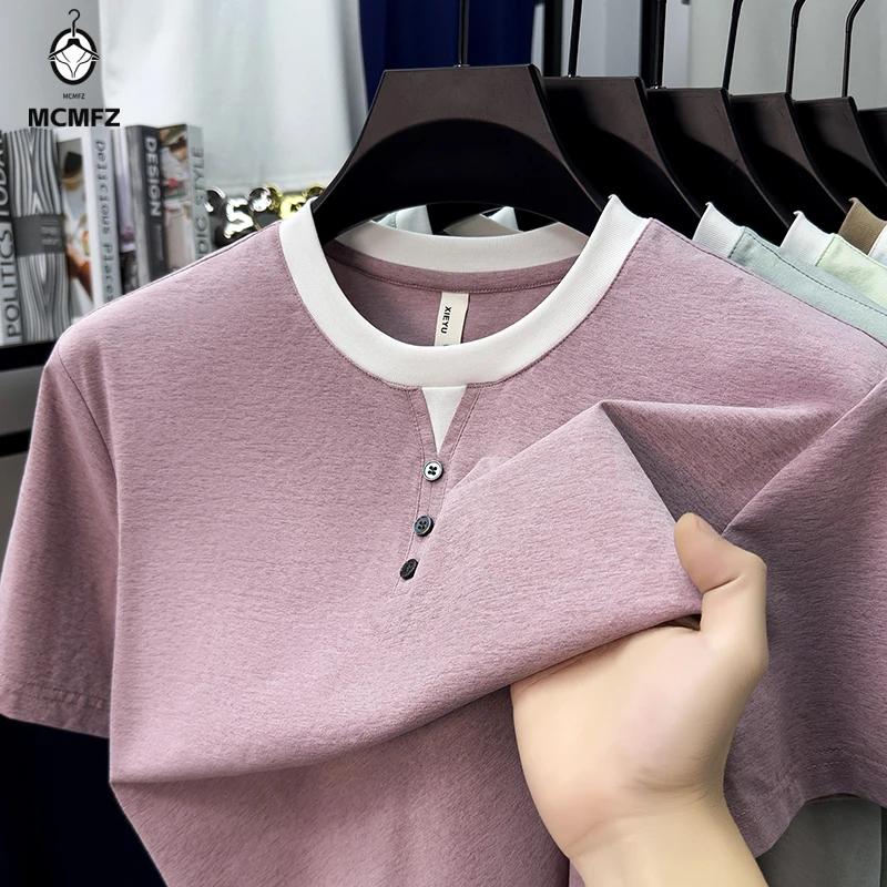 Herren-T-Shirt mit schmalem Henley-Ausschnitt, kurzärmelig, drei Knöpfe, bequeme Oberteile für den täglichen Gebrauch, im Büro und für Aktivitäten am Wochenende