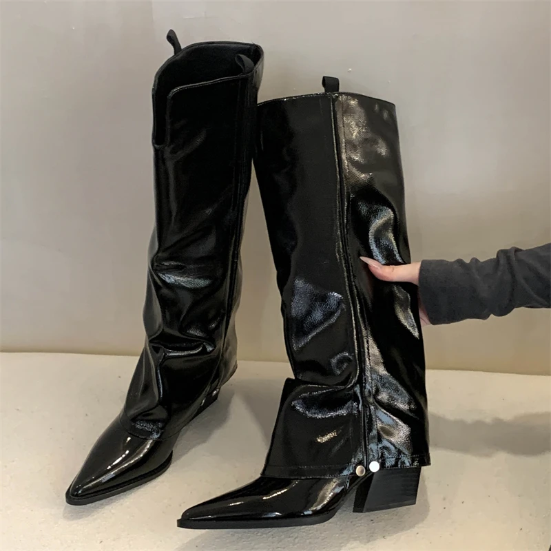 

Eilyken, зимние модные женские сапоги до колена с острым носком, дизайнерская обувь на квадратном каблуке, элегантные длинные туфли на пуговицах