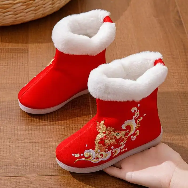 Winter Children's Red High Top Embroidered Cotton Boots Rubber Sole Plush Warm Slip On Ethnic Style Hanfu Shoes New Year Shoes