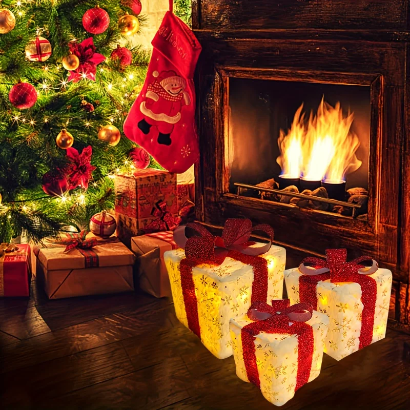 3Pcs/Set PVC Christmas Gift Box Set Luminous Folding Christmas Lighting Box with Bow Ribbon Christmas Glowing Decoration Outdoor