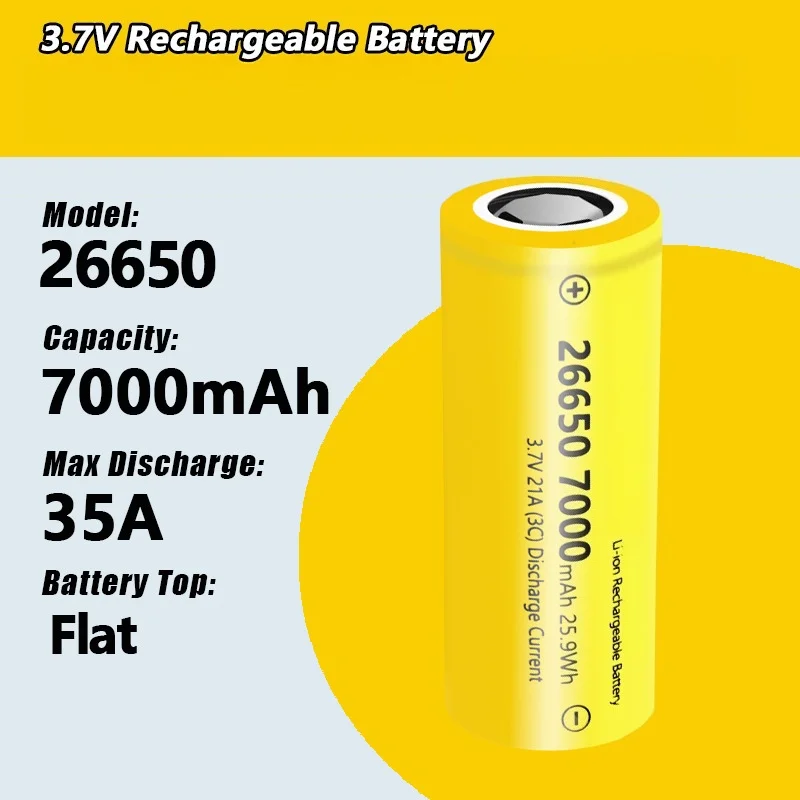 26650 3.7V 7000mAh Rechargeable Lithium Ion Battery 35A Continuous Discharge For Flashlight Power Bank