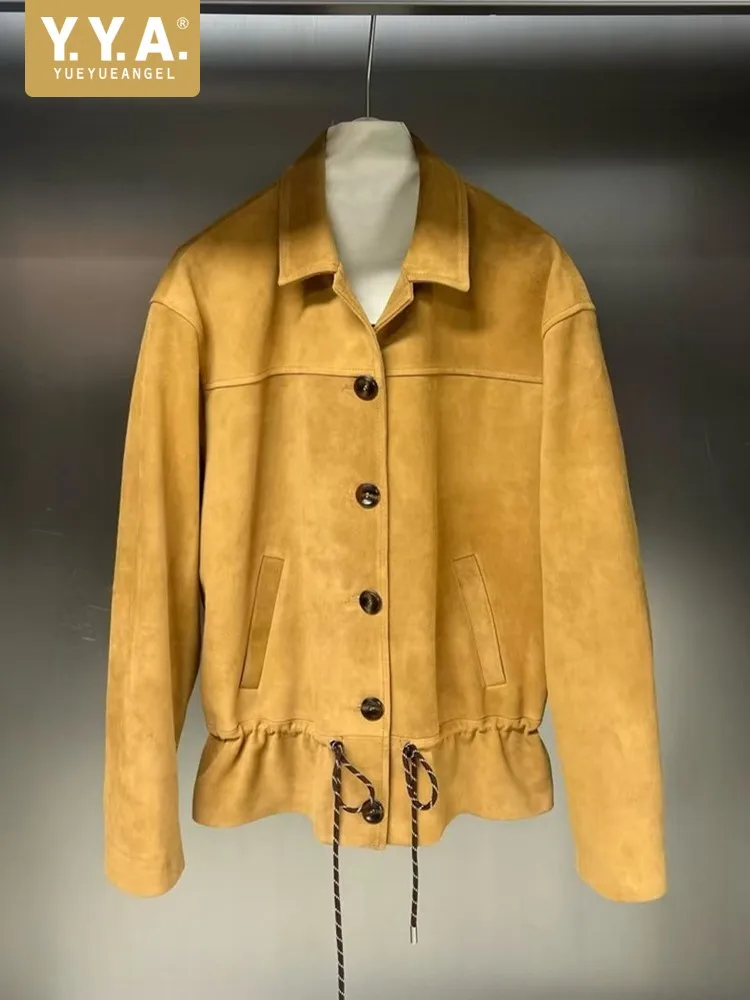 최고급 여성 가을 조절 가능한 허리 중간 길이 리얼 스웨이드 가죽 재킷 싱글 브레스티드 디자이너 빈티지 소프트 가죽 코트