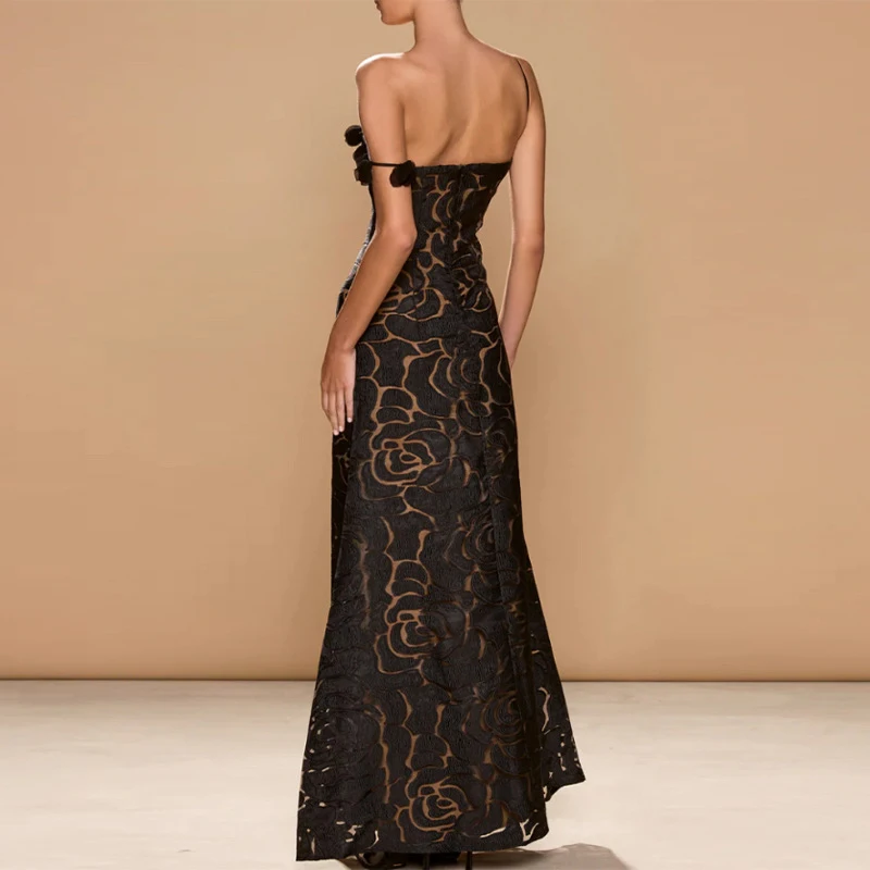 夏用ホローアウトノースリーブキャミソールドレス レディース カジュアル バックレス ウェディングドレス ゲスト用 シック ブラック フラワー バケーション ロングドレス