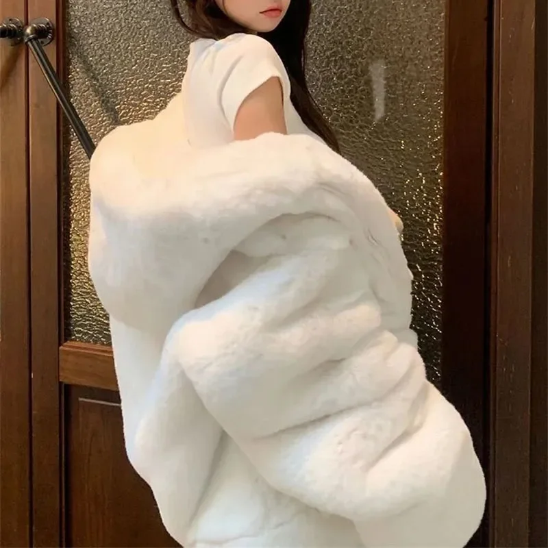 2026 Korean Style Women High End Casual Hooded Plush Jacket  Sleeve Autumn Winter Ladies Faux Fur Coat Warm Streetwear Outerwear