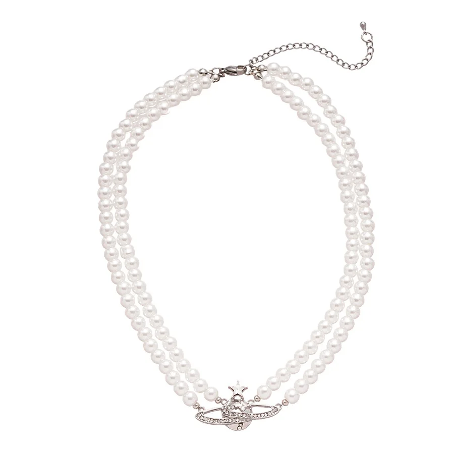 ضوء فاخر اللؤلؤ الماس زحل مزدوج الترقوة قلادة عالية الشعور المتخصصة تصميم مزاجه قلادة المرأة