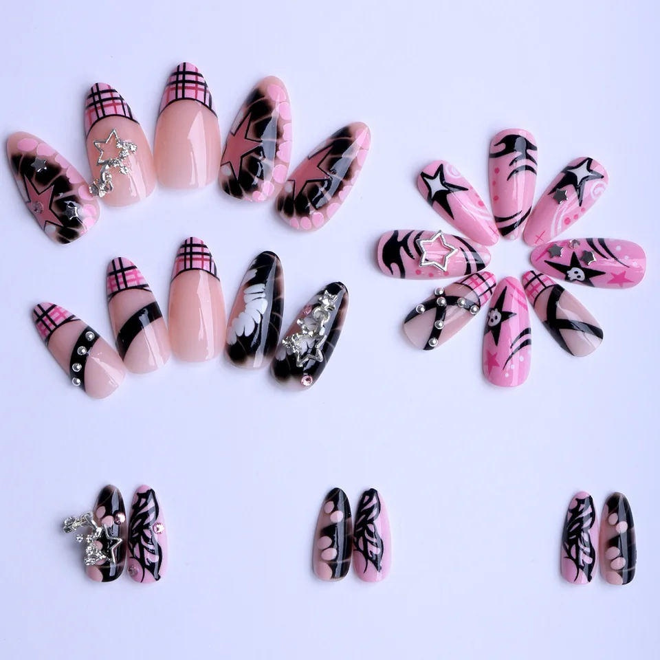 24 piezas de uñas postizas dulces y geniales, rosas brillantes, en forma de almendra, estilo francés, chica picante, decoración de estrella metálica Y2K, encanto 3