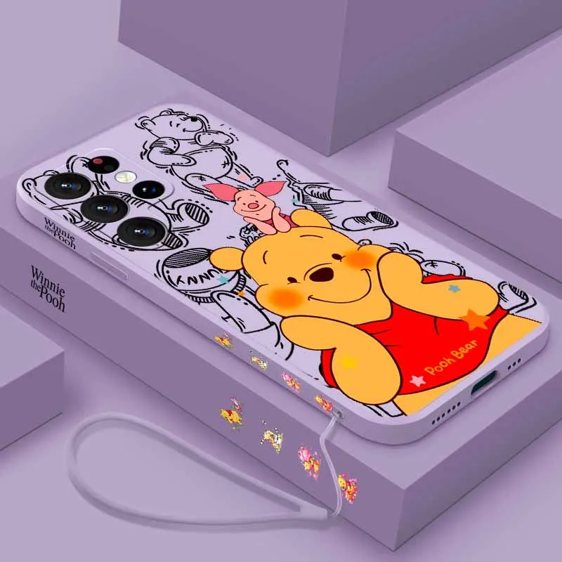 Funda Disney Winnie the Pooh para Samsung S26 S25 Edge S24 S23 S22 S21 S20 Ultra Plus Lite, Funda suave líquida con cuerda izquierda para teléfono