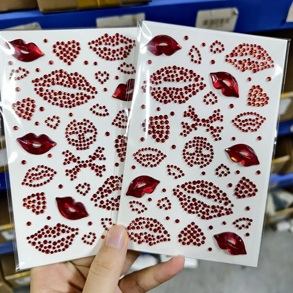 2Sheets Sexy Lips Heart Gems Face Tattoo Stickers Red&Pink Kiss Print Rhinestone Valentine's Day Tattoos for Women Makeup Decor