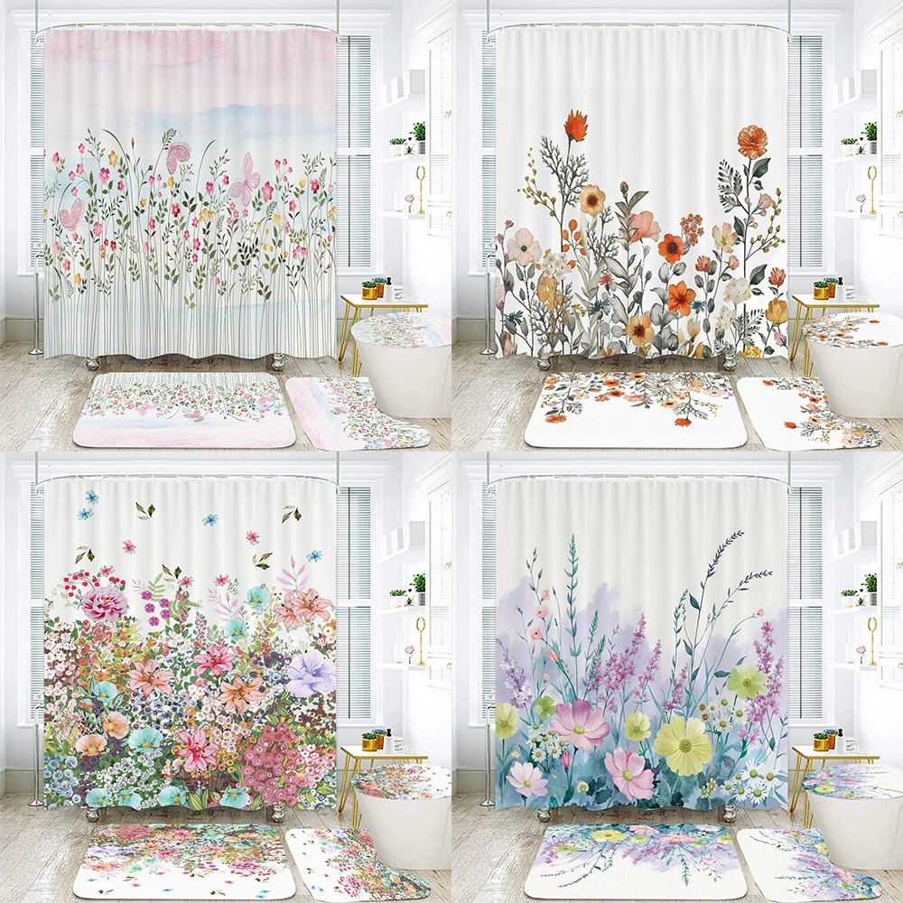 

Butterfly Flowers Print Fabric Shower Curtains Bathroom Curtain Set Flower Anti-skid Rugs Carpet Toilet Lid Cover Bath Mat Sets