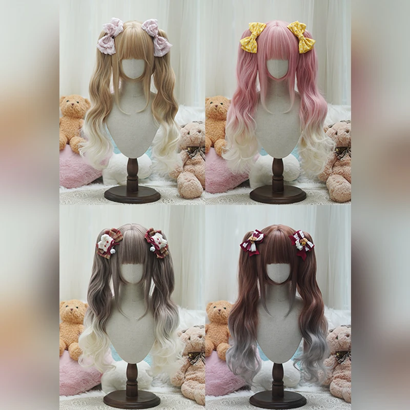 

Парик с вьющимися двойными хвостиками в стиле Лолиты | Термостойкие синтетические волосы с челкой для косплея, Хэллоуина, аниме, тематической части