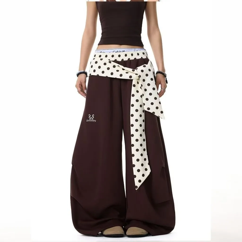 Summer Women's Pants High Waist Brown Trousers Loose Fit Elastic Waist Wide Leg Pants Polka Dot Sash Red Straight Cut Women's