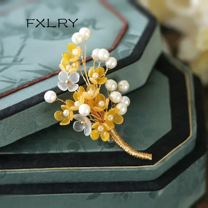 FXLRY Original Handmade Natural Pearl Vintage Osmanthus Fragrans Autumn And Winter Flowers Brooch Sweater Pin For Women Jewelry