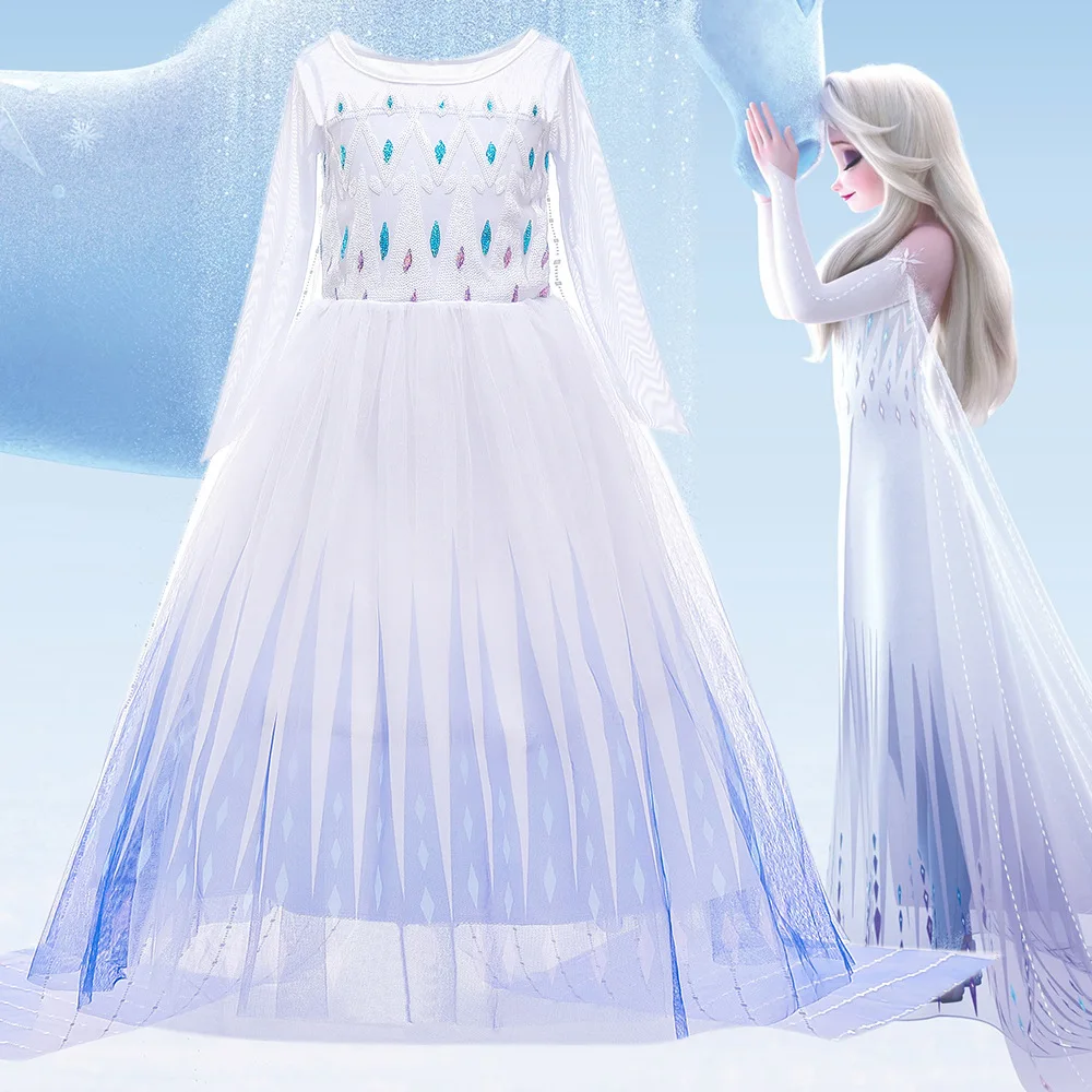 

Disney Frozen Elsa Princess Girl Costume Halloween Cosplay Party Birthday Gift Carnival Snow Queen Long Sleeves Dress