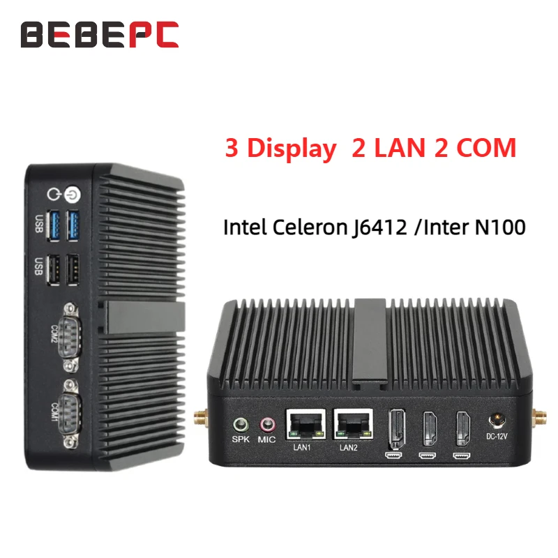 Industrial Mini PC Intel Celeron J6412 8GB DDR4 128GB M.2 NVMe SSD 2x COM RS232 2x GbE LAN 3x Display 4x USB Windows 10/11 Linux