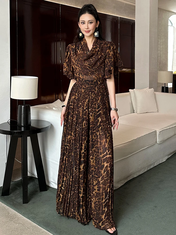 

Женский летний модный комплект: топ из шифона с леопардовым принтом и плиссированные брюки с высокой талией и широкими штанинами, повседневный свободный крой, круглый вырез