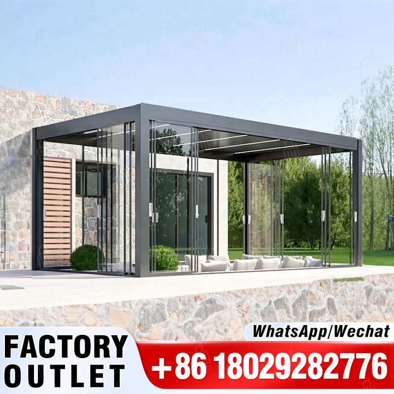 

High Quality Bioclimatic Garden Pergola with Motorized Aluminum Louvre Roof Waterproof Design Aluminum Doors Waterproof Gazebo