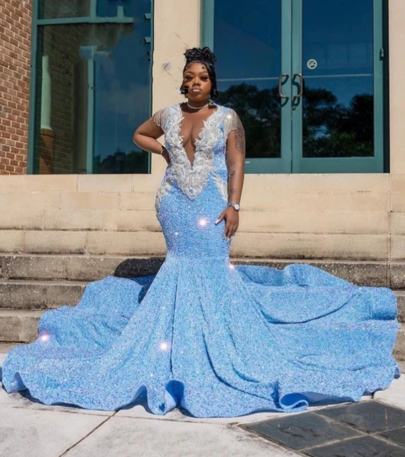 Lorencia Blauwe Zeemeermin Aso Ebi Prom Jurk Voor Zwart Meisje Diepe V-Hals Pailletten Kralen Formele Feestjurk Vestidos De Fiesta Ypd14