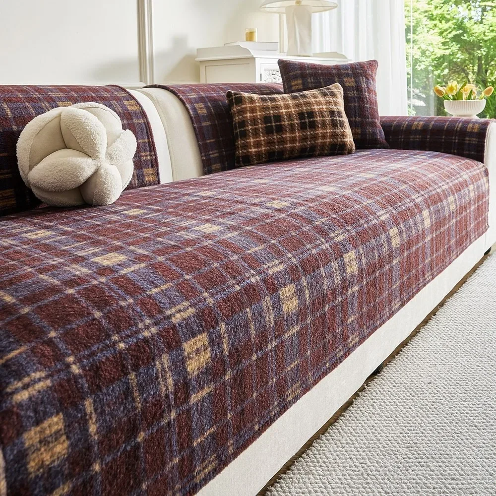 Vintage British Plaid Faux Cashmere Sofa Cushion Thick Warm Fluffy Seat Pad Non-Slip Fixed Sofa Cover Protector for sofa