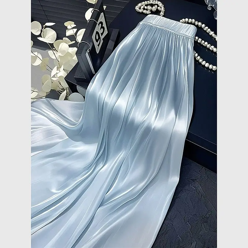 

New High End Fashion Satin Skirt Women High Waist Solid Color Slim A-line Elegant Party Long Skirts Spring Summer Jupe