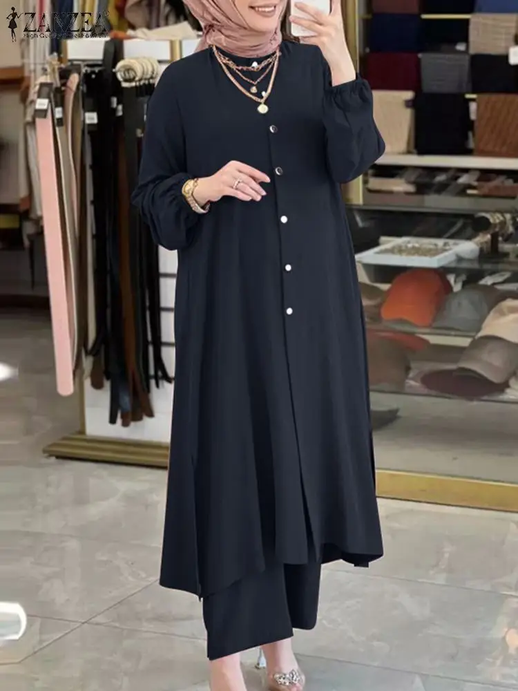 ZANZEA Turkish Blouse Suits Isamic Clothing Fashion Solid Long Shirt Loose Trousers Muslim Abaya Set Women Tracksuit 2PCS