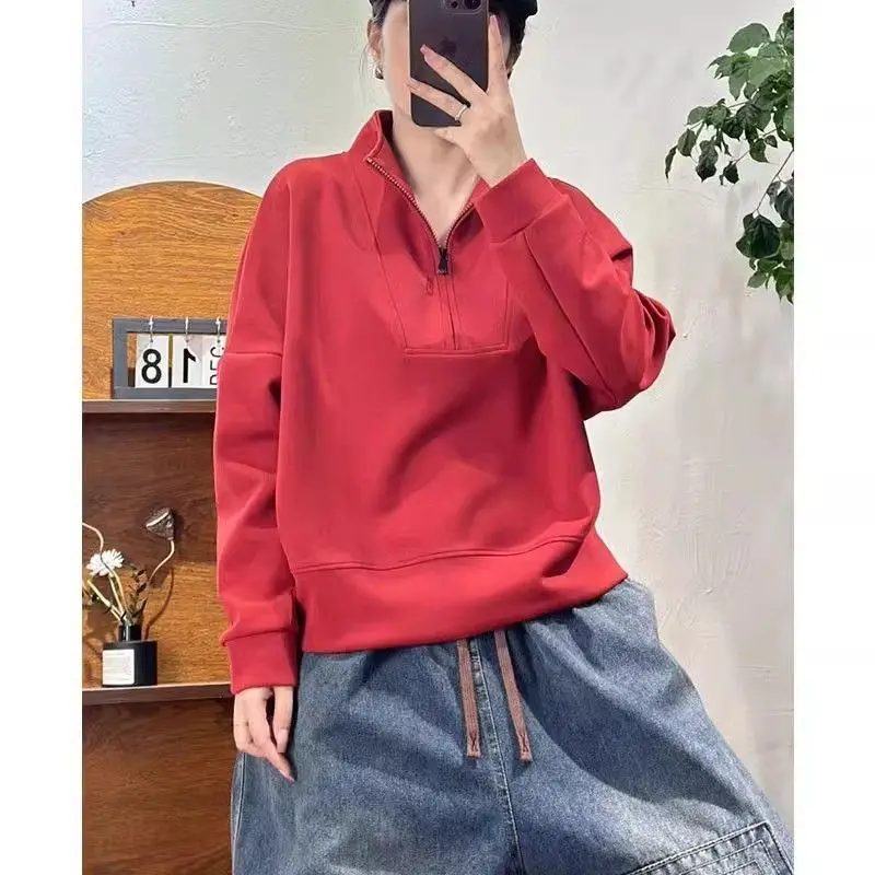 Outono inverno meio zíper feminino manga longa t camisa moda simples all-match casual chique oversized pulôver topo senhora do escritório casa