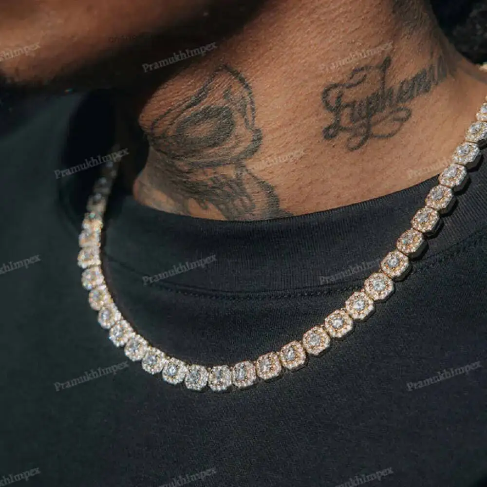Luxury Wholesale Price Pass Diamond Tester Round Moissanite Micro Clustered Tennis Chain Necklace 18k Yellow Gold Cuban Chain Ha