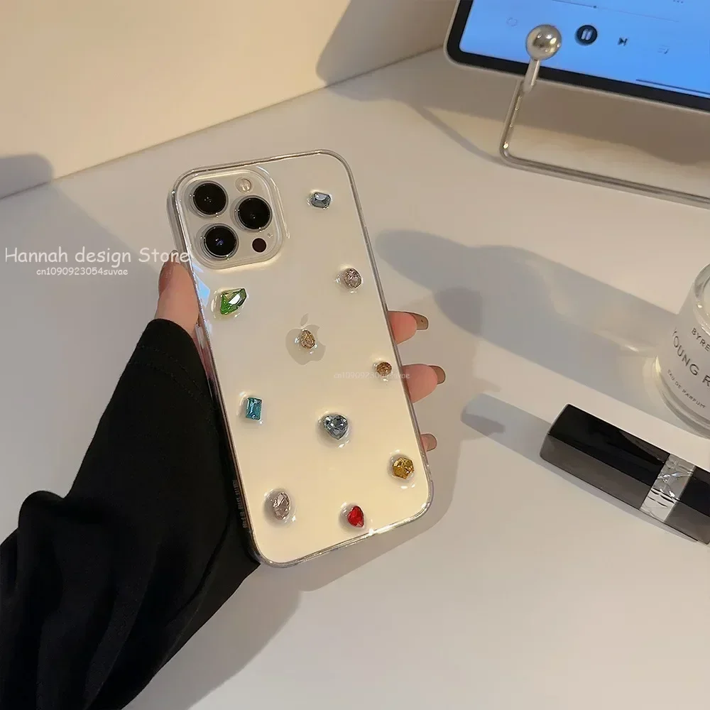 3D 만화 귀여운 컬러 보석 라인스톤 아이폰 16 15 14 플러스 13 12 11 프로 맥스 블링 글리터 투명 후면 커버 폰 케이스