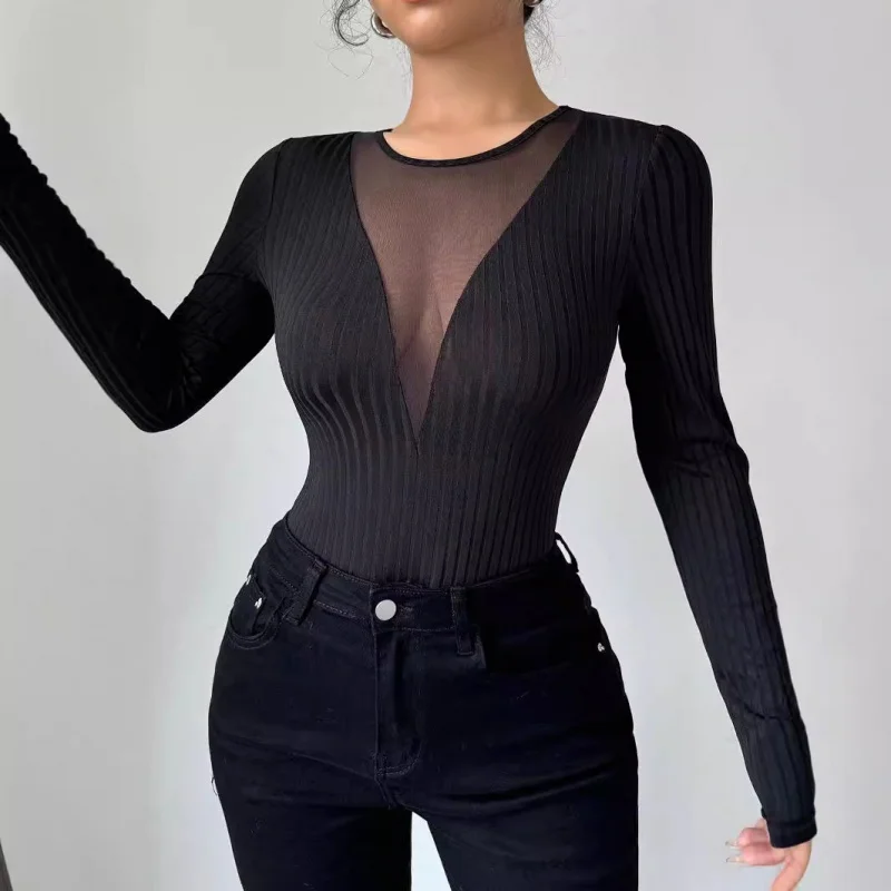 

2025New style women's sexy front mesh patchwork hollow solid color long sleeveTShirt Slimming Top