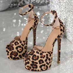 Eilyken Leopard Print Ankle Buckle Strap Women Sandals Sexy Peep Toe Platform Stiletto High Heels Stripper Party Shoes