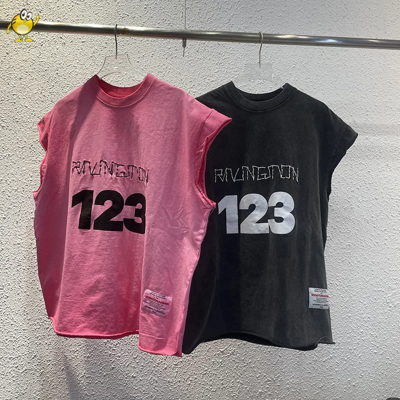 High Quality Loose Vintage RRR123 Sleeve-Cut T Shirt Men Woman Fashion Tops Tee Washed Black Pink Oversize Streetwear