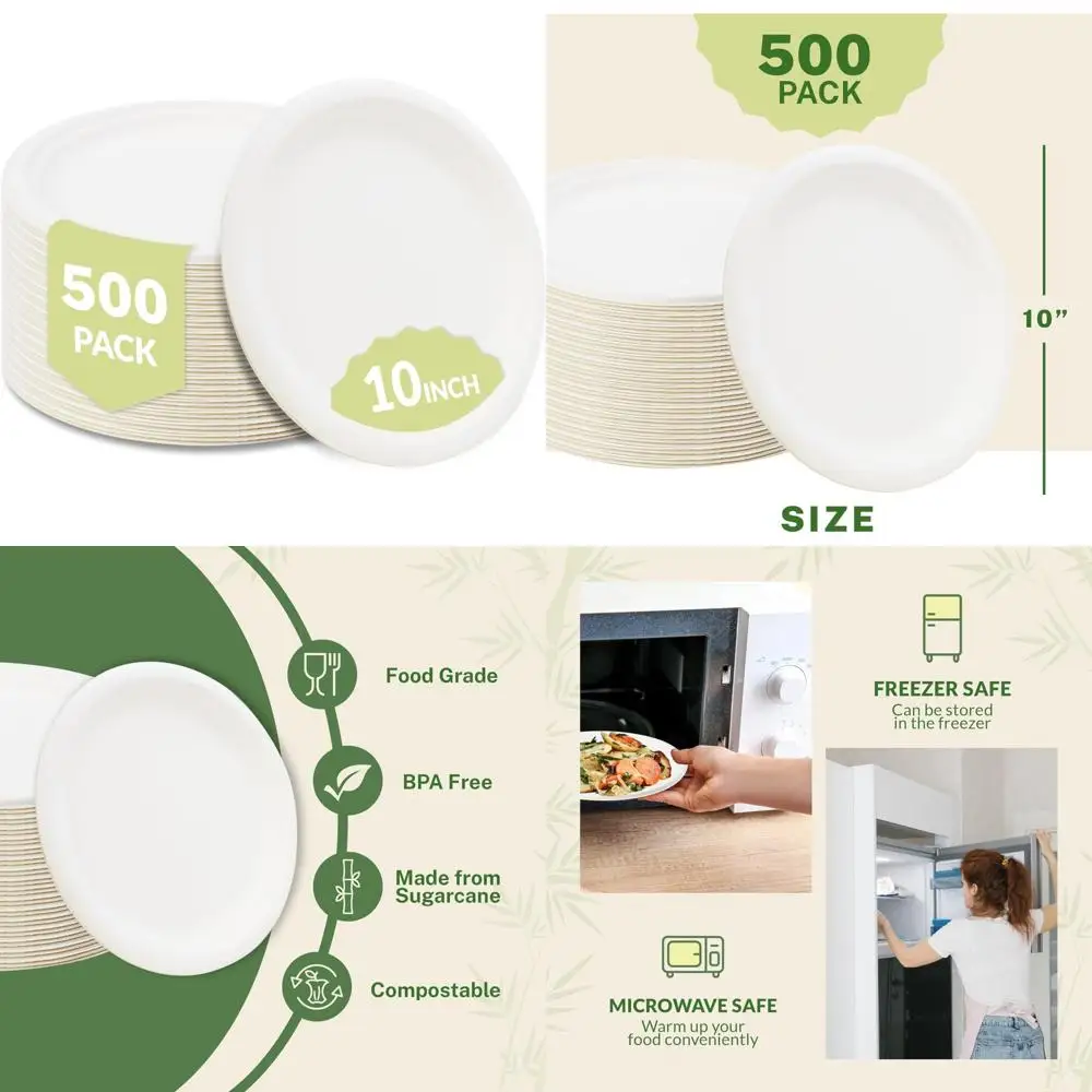 

Экологичные биоразлагаемые тарелки из сахарного тростника — 10-дюймовые круглые одноразовые тарелки, 500 штук, устойчивые и компостируемые