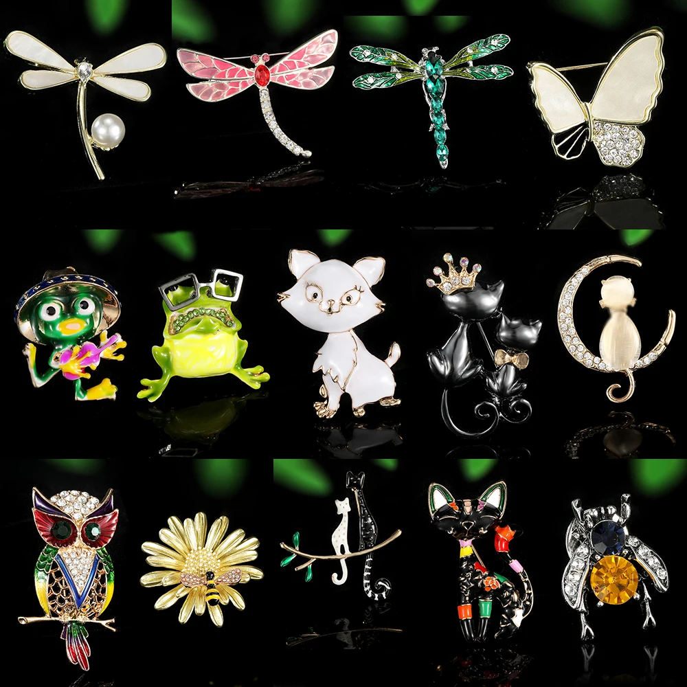Beautiful Animal Theme Crystal Lapel Pins Dragonfly Butterfly Owl Bee Cat Frog Shaped Rhinestone Brooches For Women Jewelry