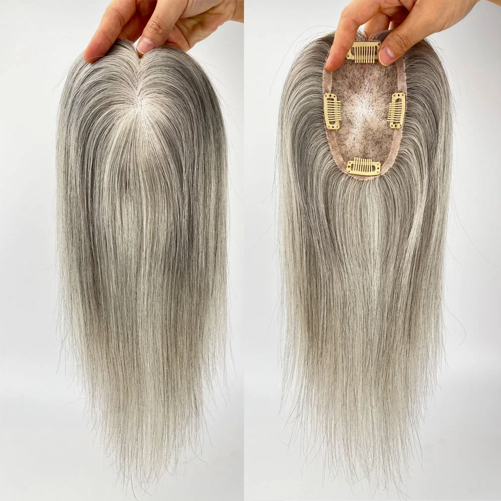 Topper de cabelo humano cinza mono net pu em torno de luz respirável em linha reta cinza branco misturado cabelo brasileiro virgem com clipes em mulheres