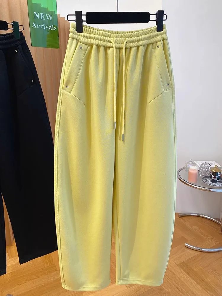 プラスサイズ 300 ポウ 韓国風 スレ イエロー カーブドナイフパンツ レディース 春秋 ルーズ カジュアル バナナ ロングパンツ