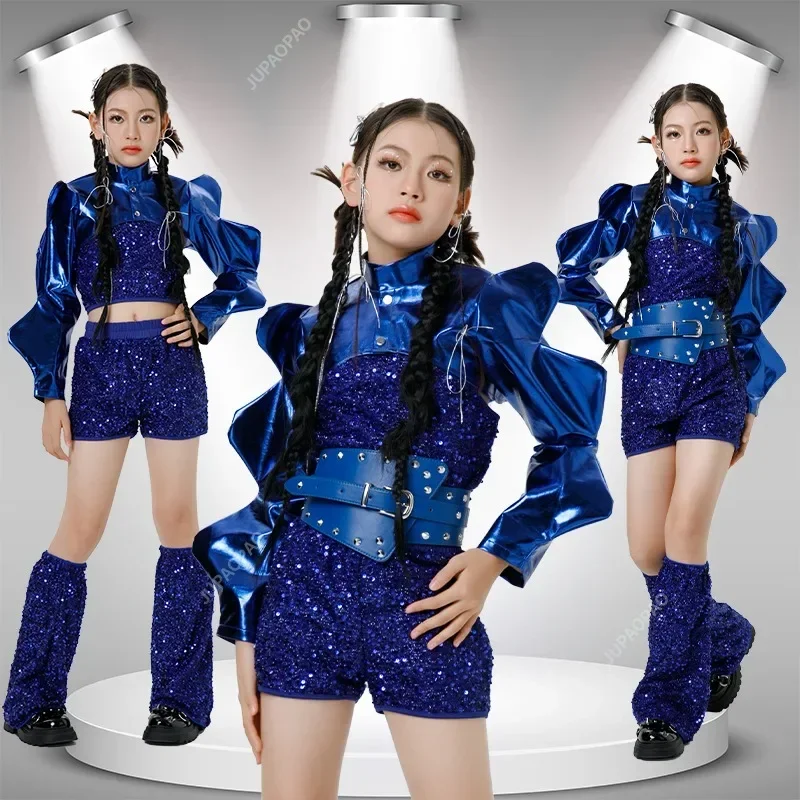 2025 Jazz Dance Sequin Costume Hipster Girls Fashion Sequin Street Dance Set Girls Runway Stage Performance Blue Suit