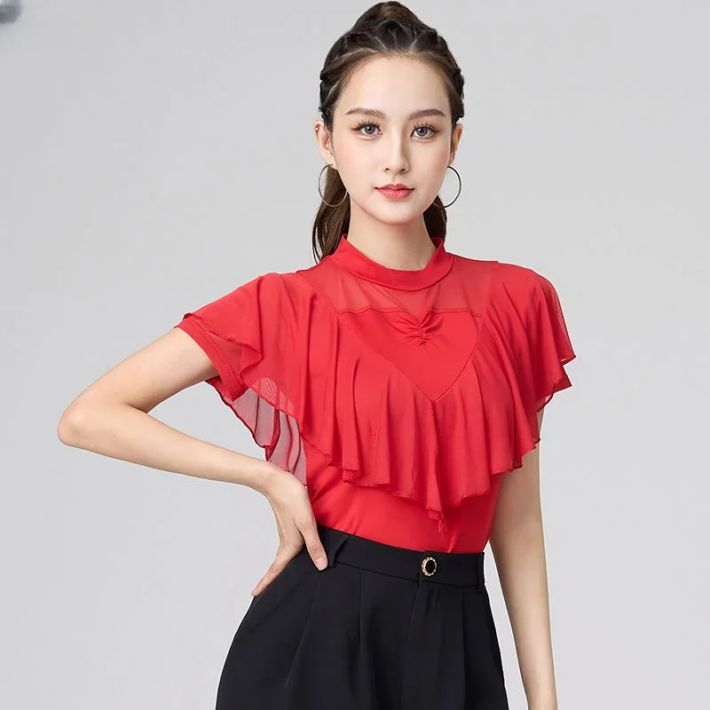 Latin Dance Clothing New Short Sleeve Shirt Female Professional Fashion Dance Clothes Advanced National Standard Dance Wear