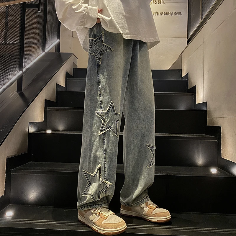 

Loose Fit Men's Hiphop Star Denim Jeans Spring Autumn Straight Leg Long Pants Drapey Casual High Street Style Wear Resistant