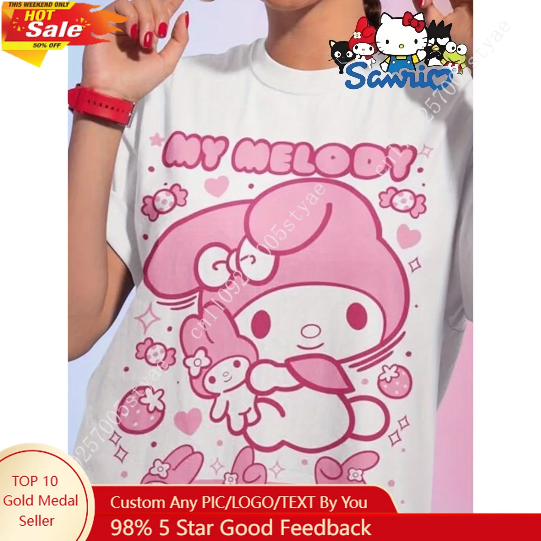 

My Melody Print T-shirt Short Sleeve Crew Neck Casual Top for Summer Women's Clothing