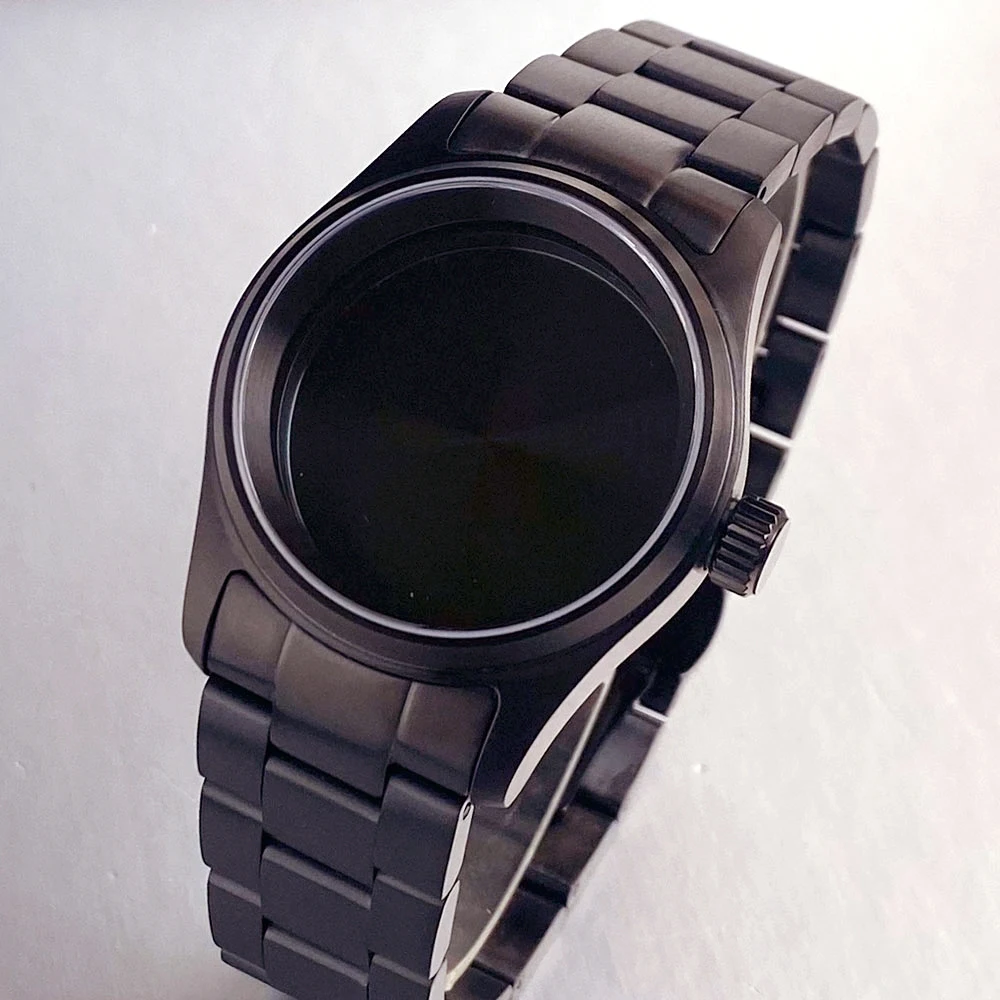 Retro Tandorio 36/39mm Pilot Black PVD Watch Case Sapphire Glass 20ATM Diving Fit NH34 NH35 ETA2824 PT5000 Movement Steel Strap